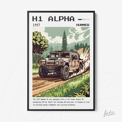 quadro com arte digital retrô de um Hummer H1 1997 em um cenário natural, com vegetação ao fundo e detalhes em pixel art