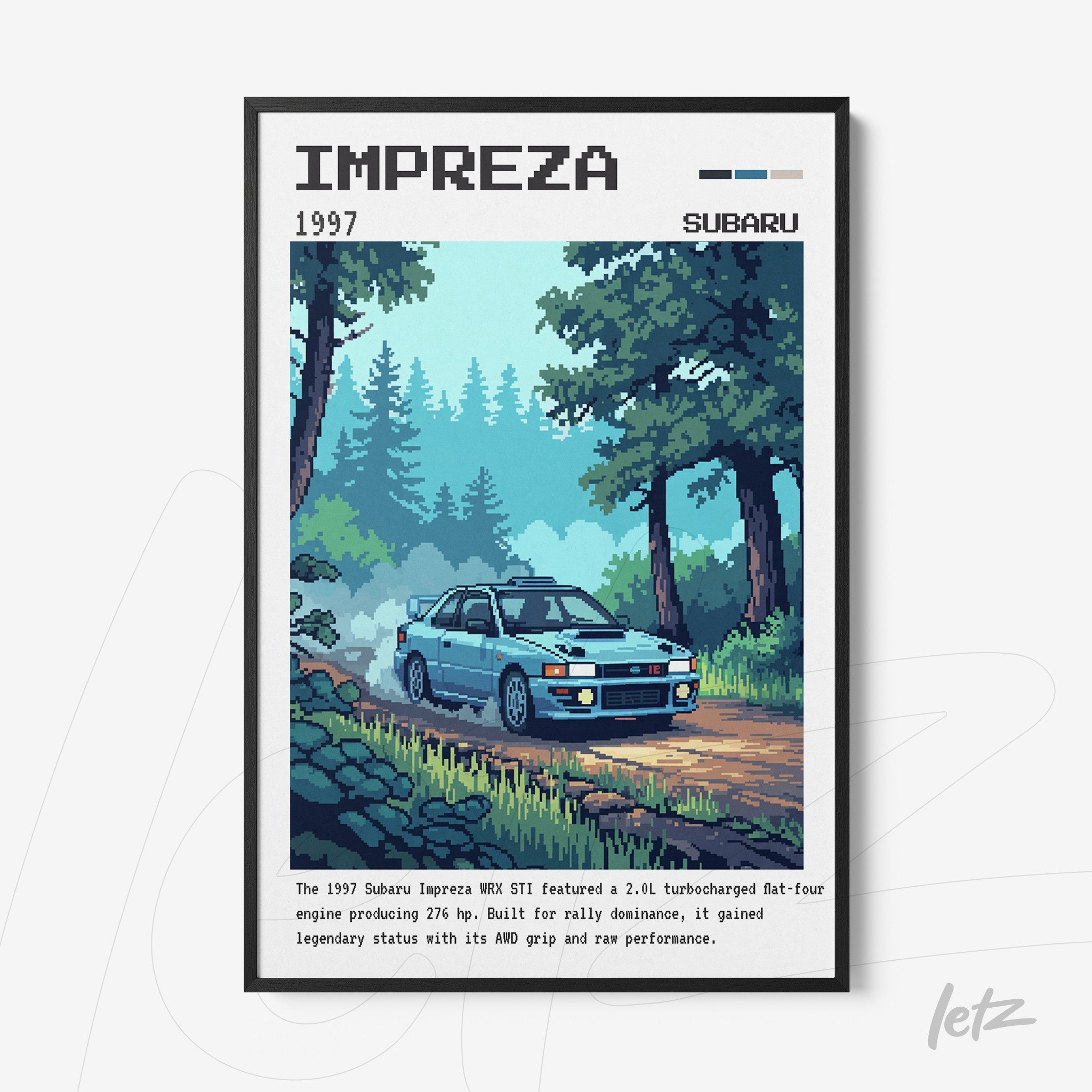 quadro com arte pixelada de um carro Subaru Impreza em uma paisagem natural com árvores ao fundo