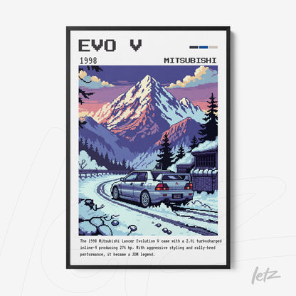 quadro com arte retrô do Mitsubishi Lancer Evolution V em uma paisagem montanhosa com montanhas ao fundo e um carro em uma estrada nevosa