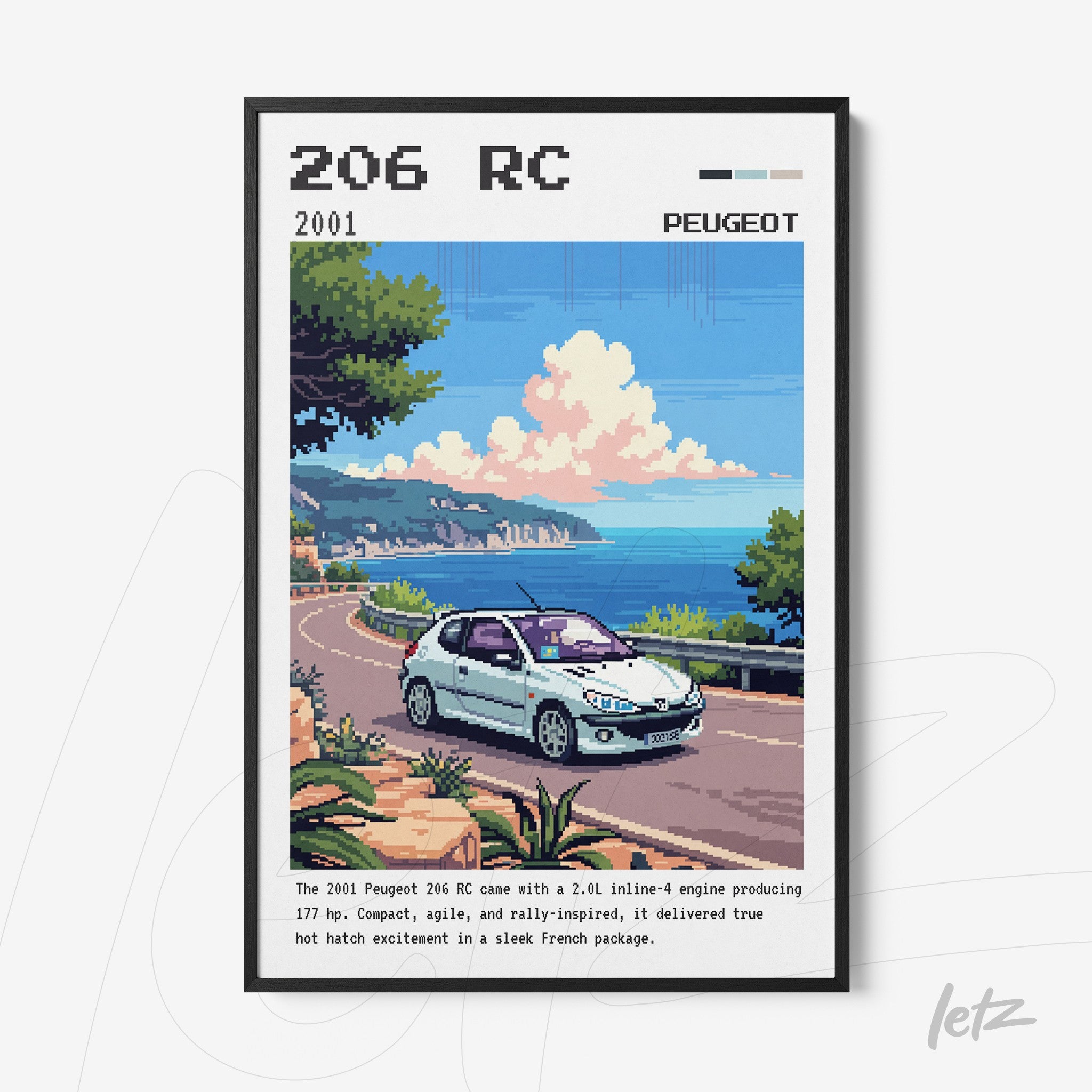 quadro com arte digital do carro Peugeot 206 RC em moldura preta, com paisagem costeira ao fundo