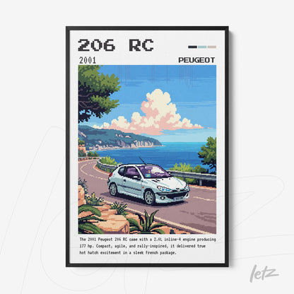 quadro com arte digital do carro Peugeot 206 RC em moldura preta, com paisagem costeira ao fundo