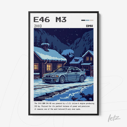 quadro com ilustração de estilo pixel art do BMW E46 M3 em cenário nevado com casas