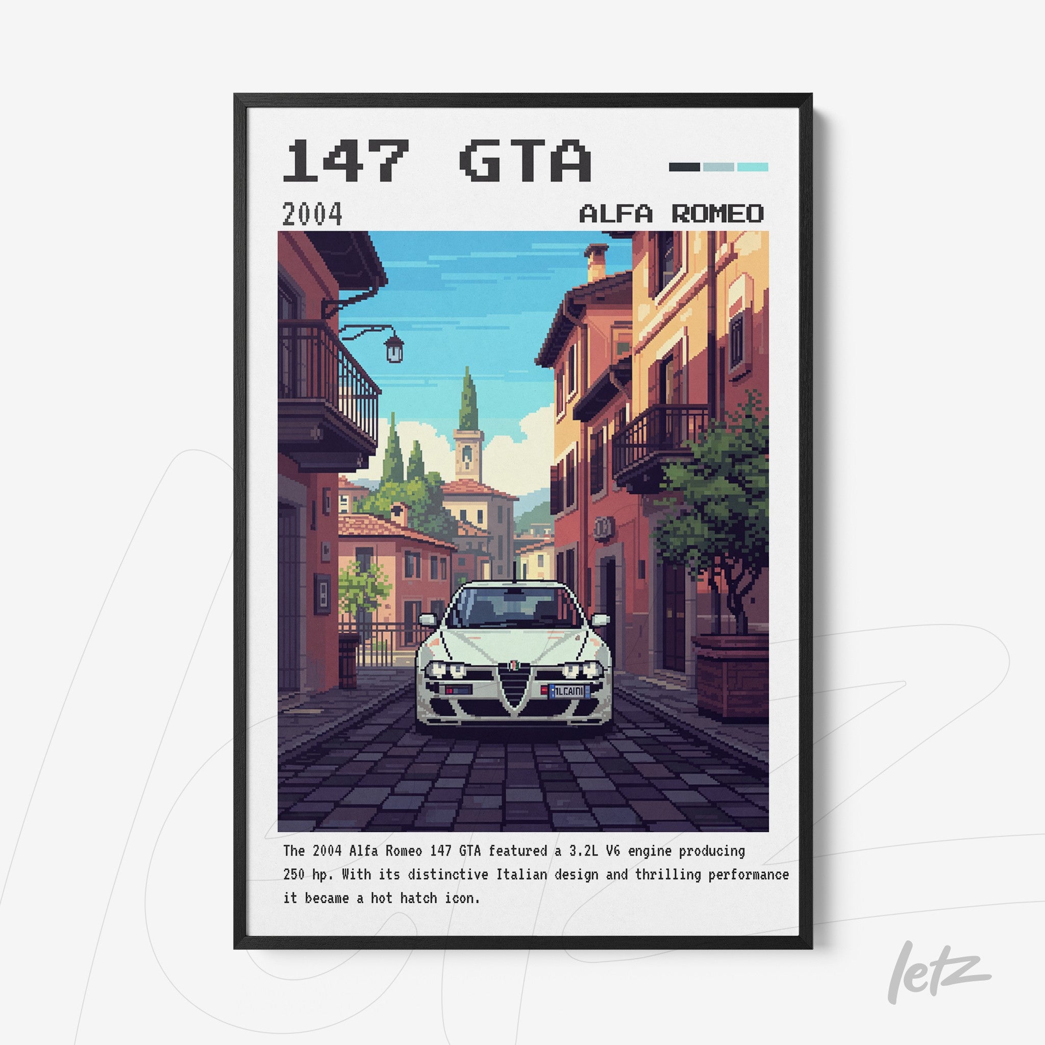 quadro em estilo retrô com ilustração pixelada de um carro Alfa Romeo 147 GTA em uma rua italiana