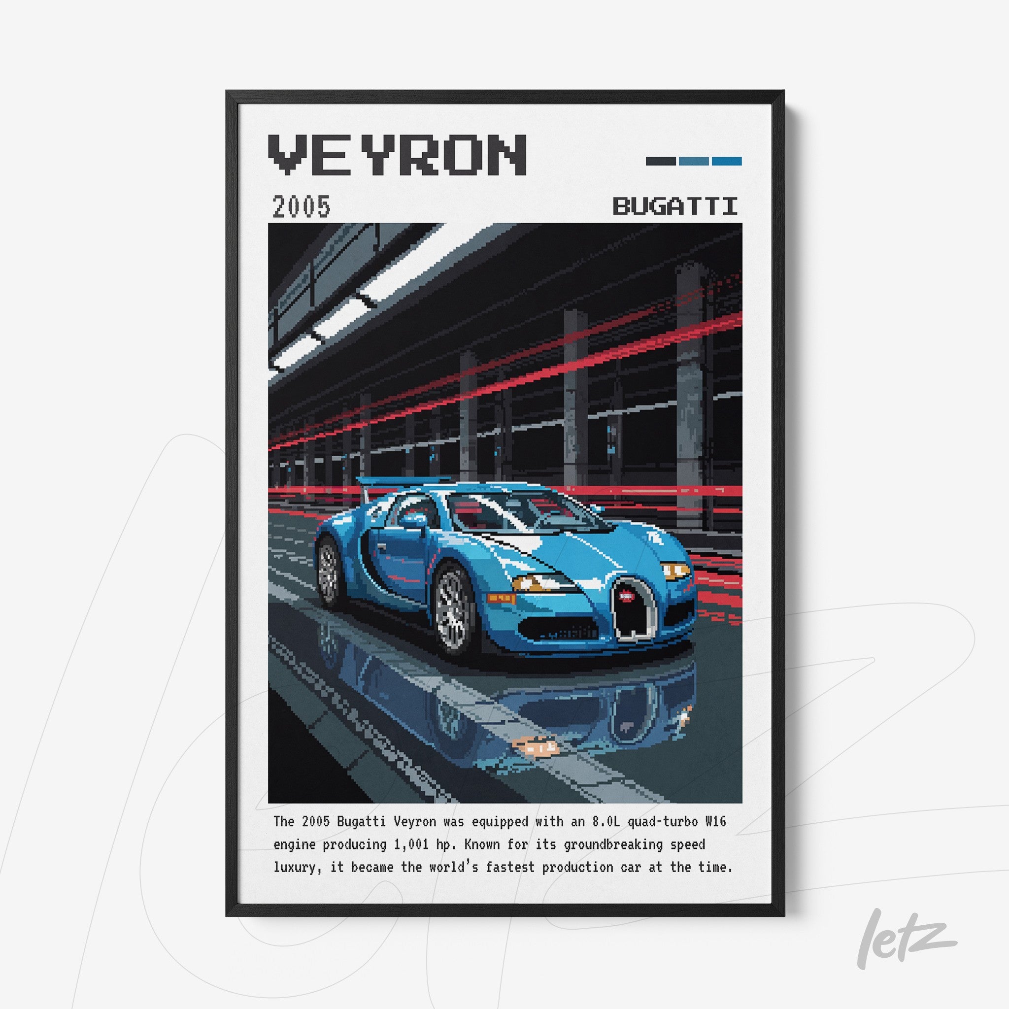 quadro com arte em pixels de um carro Bugatti Veyron azul em um ambiente urbano noturno com luzes em movimento
