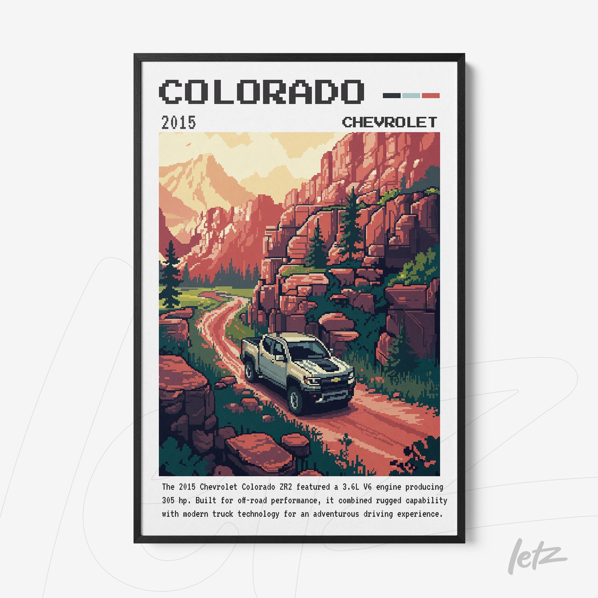 quadro com arte retrô do caminhão Chevrolet Colorado em uma estrada montanhosa