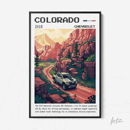 quadro com arte retrô do caminhão Chevrolet Colorado em uma estrada montanhosa