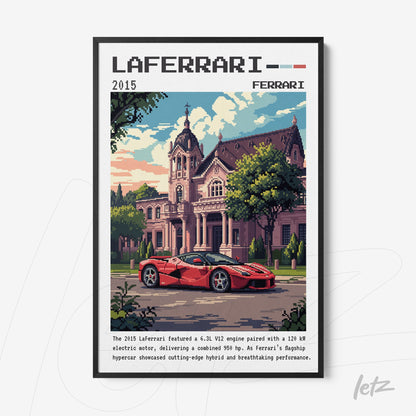 quadro com arte pixelada de carro Laferrari em frente a um elegante edifício