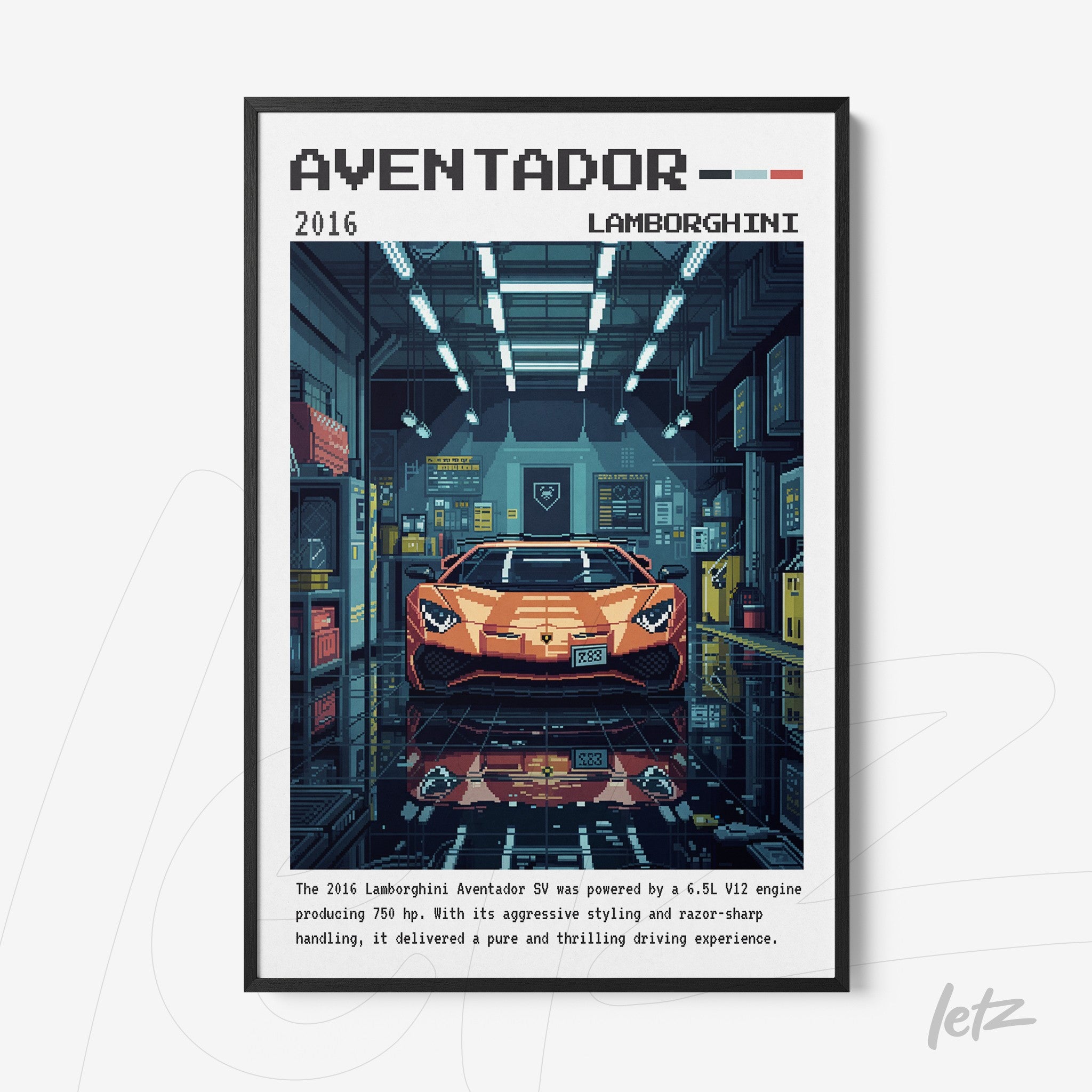 quadro com arte digital do carro Lamborghini Aventador em uma garagem estilizada, com moldura preta