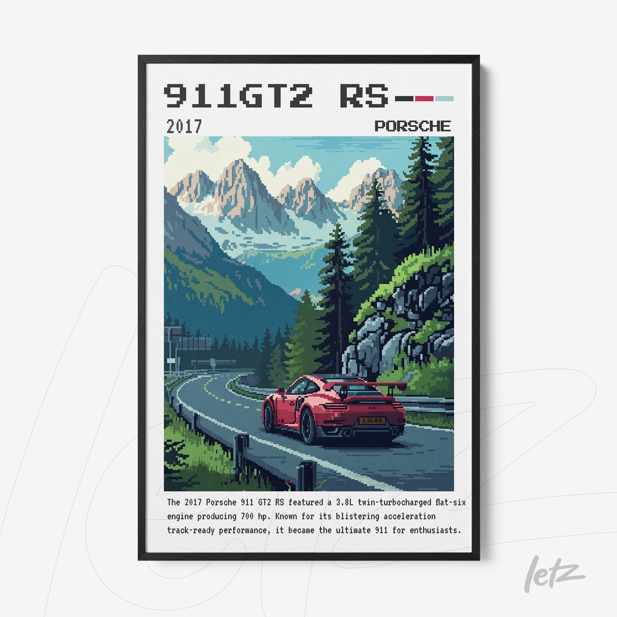 quadro com arte pixelada de um Porsche 911 GT2 RS vermelho na estrada, cercado por montanhas verdes e céu azul