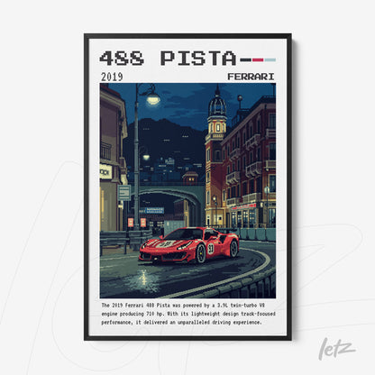 quadro emoldurado com arte pixelada de um carro Ferrari 488 Pista vermelho em uma cidade à noite, destacando detalhes arquitetônicos e iluminação suave