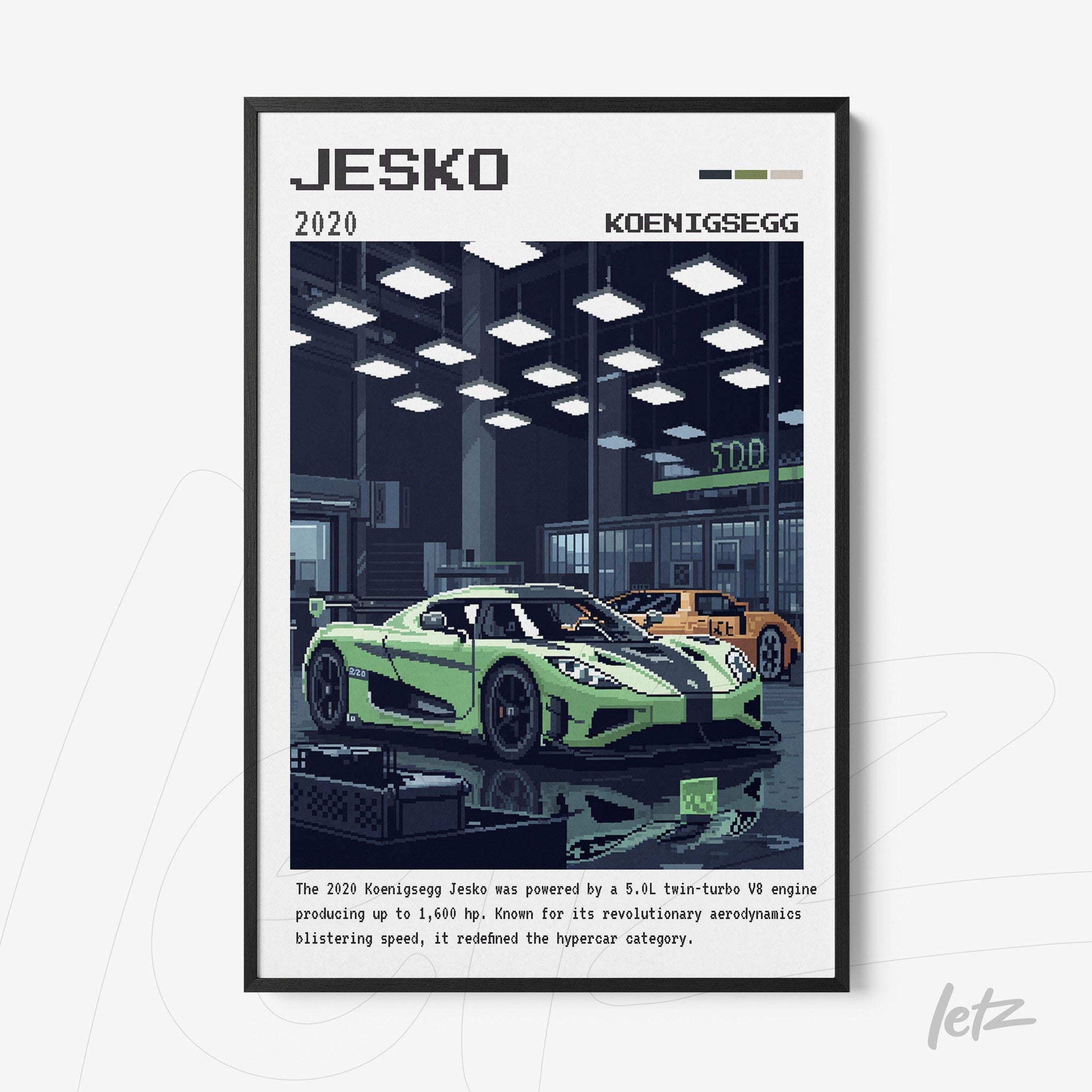 quadro com arte em estilo pixelado de carro superesportivo Koenigsegg Jesko, moldura preta, fundo com detalhes da oficina