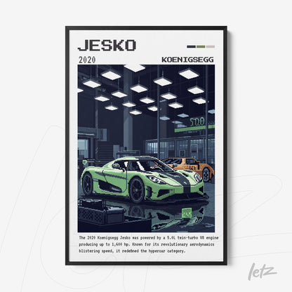 quadro com arte em estilo pixelado de carro superesportivo Koenigsegg Jesko, moldura preta, fundo com detalhes da oficina