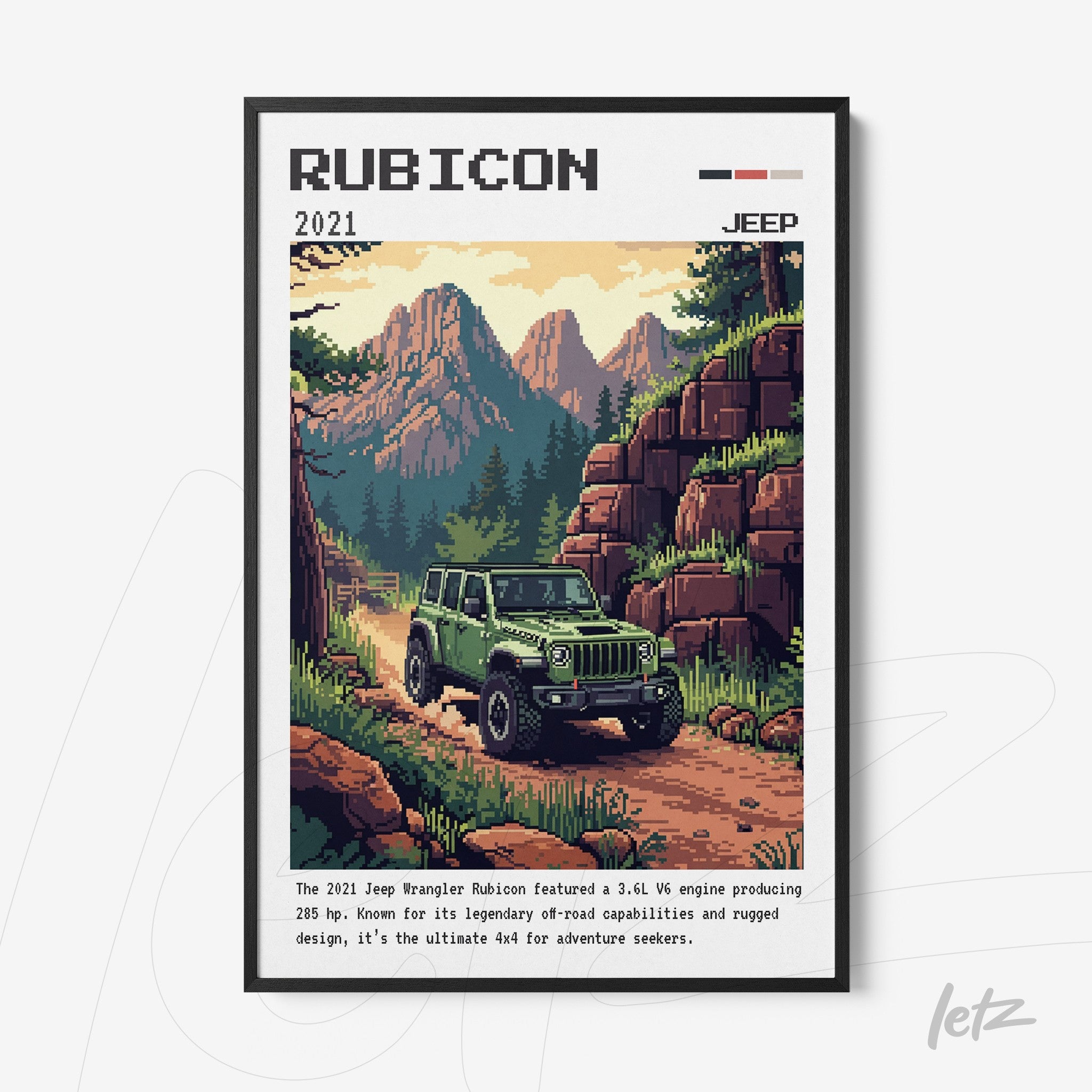 quadro com arte de estilo pixelado apresentando um jeep wrangler rubicon em uma trilha montanhosa, moldura preta