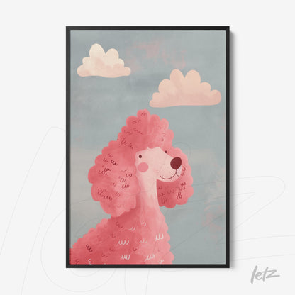 quadro com ilustração de poodle rosa em fundo azul com nuvens claras, moldura preta