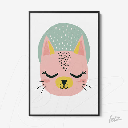 quadro com ilustração de gato estilizado em fundo branco, com pelo rosa e olhos fechados