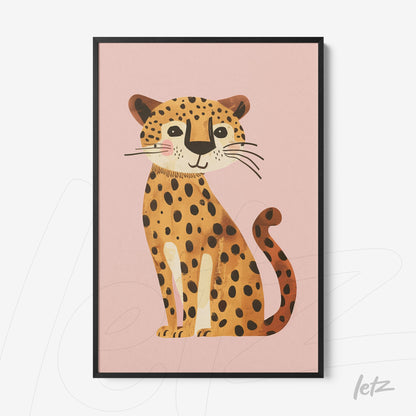 quadro com ilustração de leopardo estilizado em fundo rosa com moldura preta