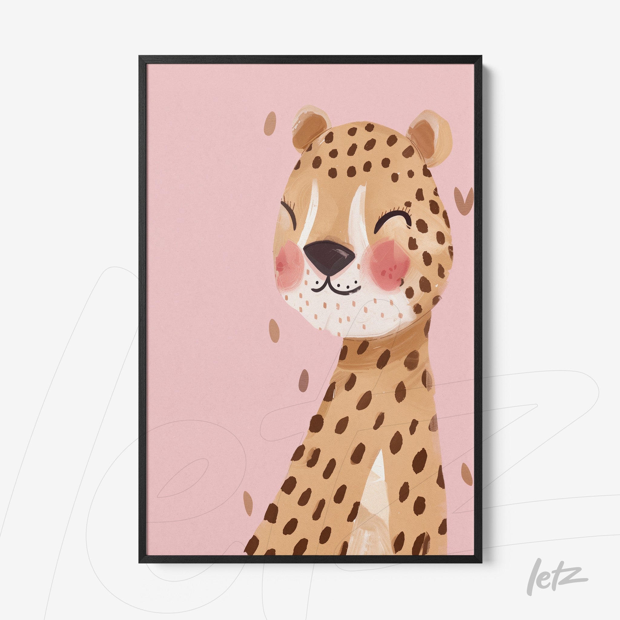 quadro com arte infantil de leopardo sorridente em fundo rosa e moldura preta