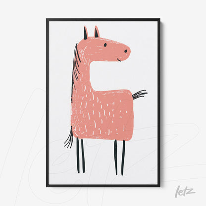 quadro com ilustração divertida de um cavalo rosa com traços simples em moldura preta
