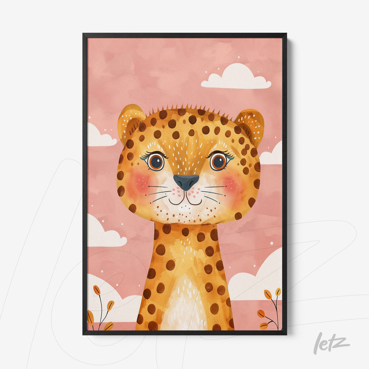 quadro com ilustração de leãozinho, com fundo rosa e nuvens brancas, moldura preta