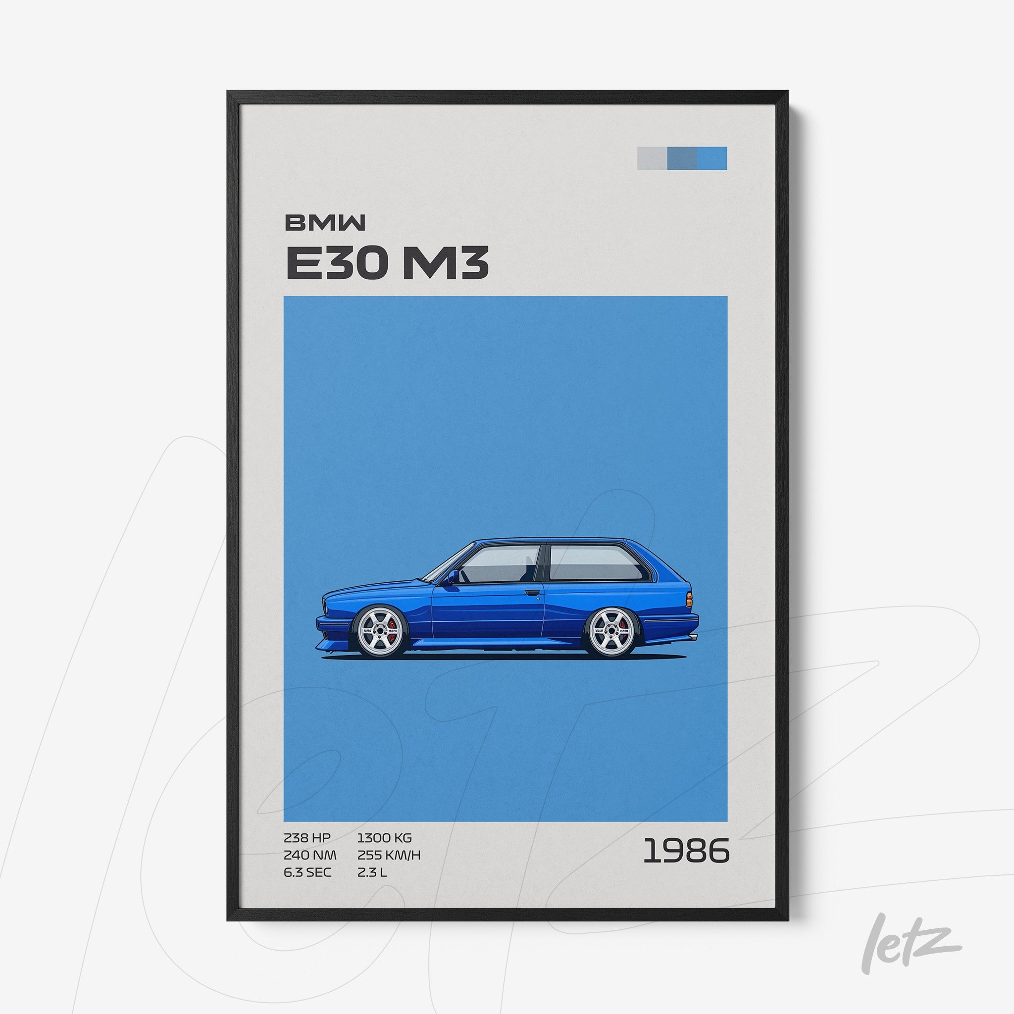 quadro com ilustração estilizada do BMW E30 M3 em azul vibrante e moldura preta