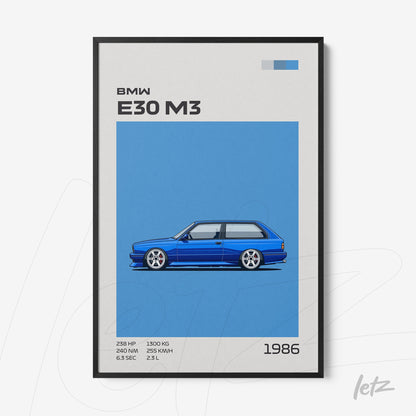 quadro com ilustração estilizada do BMW E30 M3 em azul vibrante e moldura preta