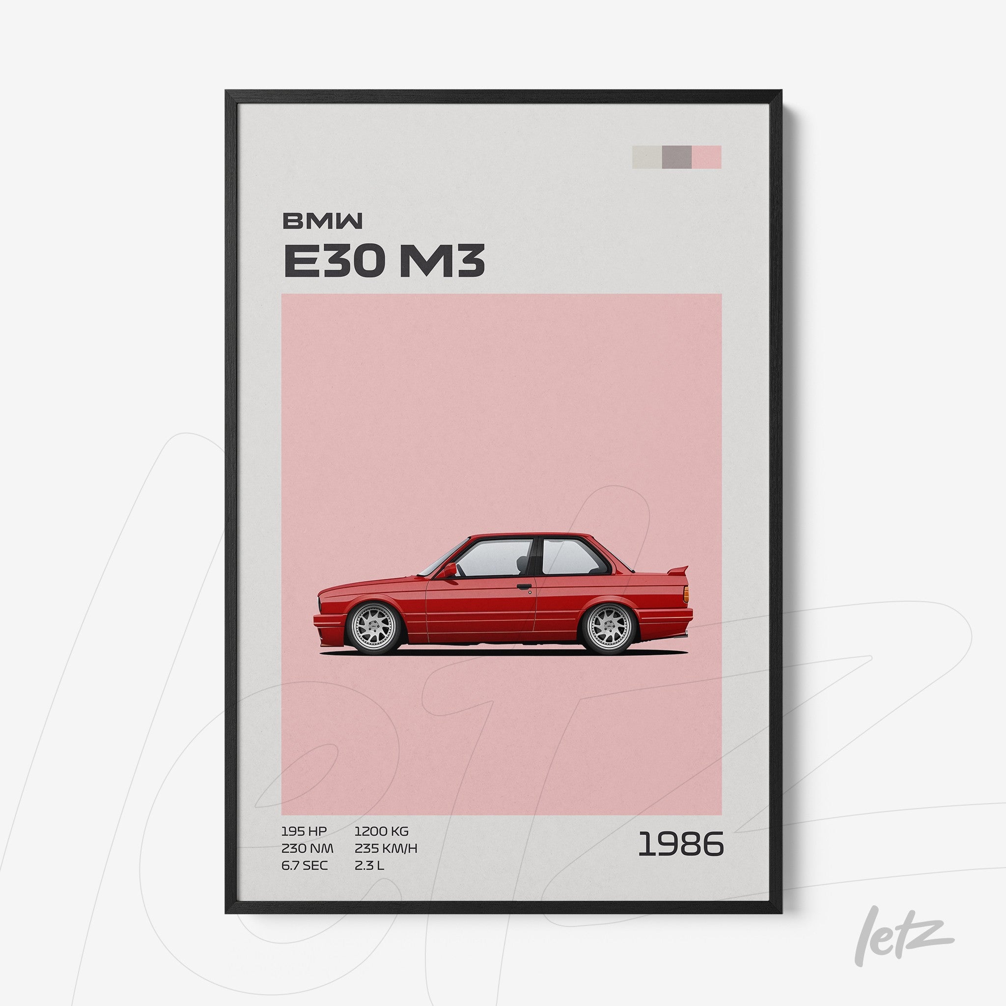 quadro com arte minimalista de carro BMW E30 M3 em moldura preta, fundo rosa suave e detalhes em cinza