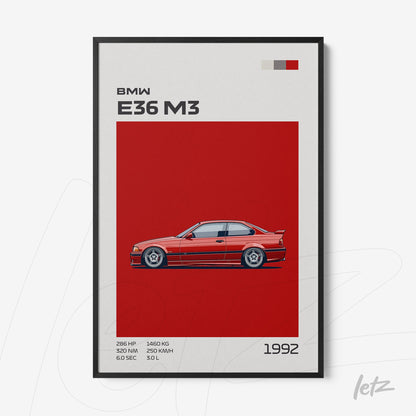 quadro com ilustração do carro BMW E36 M3 em fundo vermelho e moldura preta