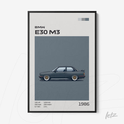 quadro com ilustração estilizada do carro BMW E30 M3 em moldura preta