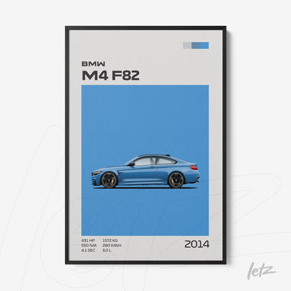 quadro decorativo com arte moderna do carro BMW M4 F82 em fundo azul