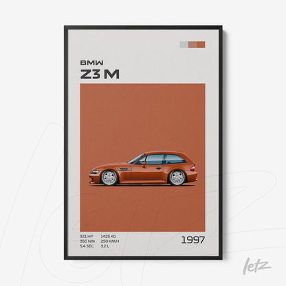 quadro com arte minimalista do carro BMW Z3 M em fundo laranja e moldura preta