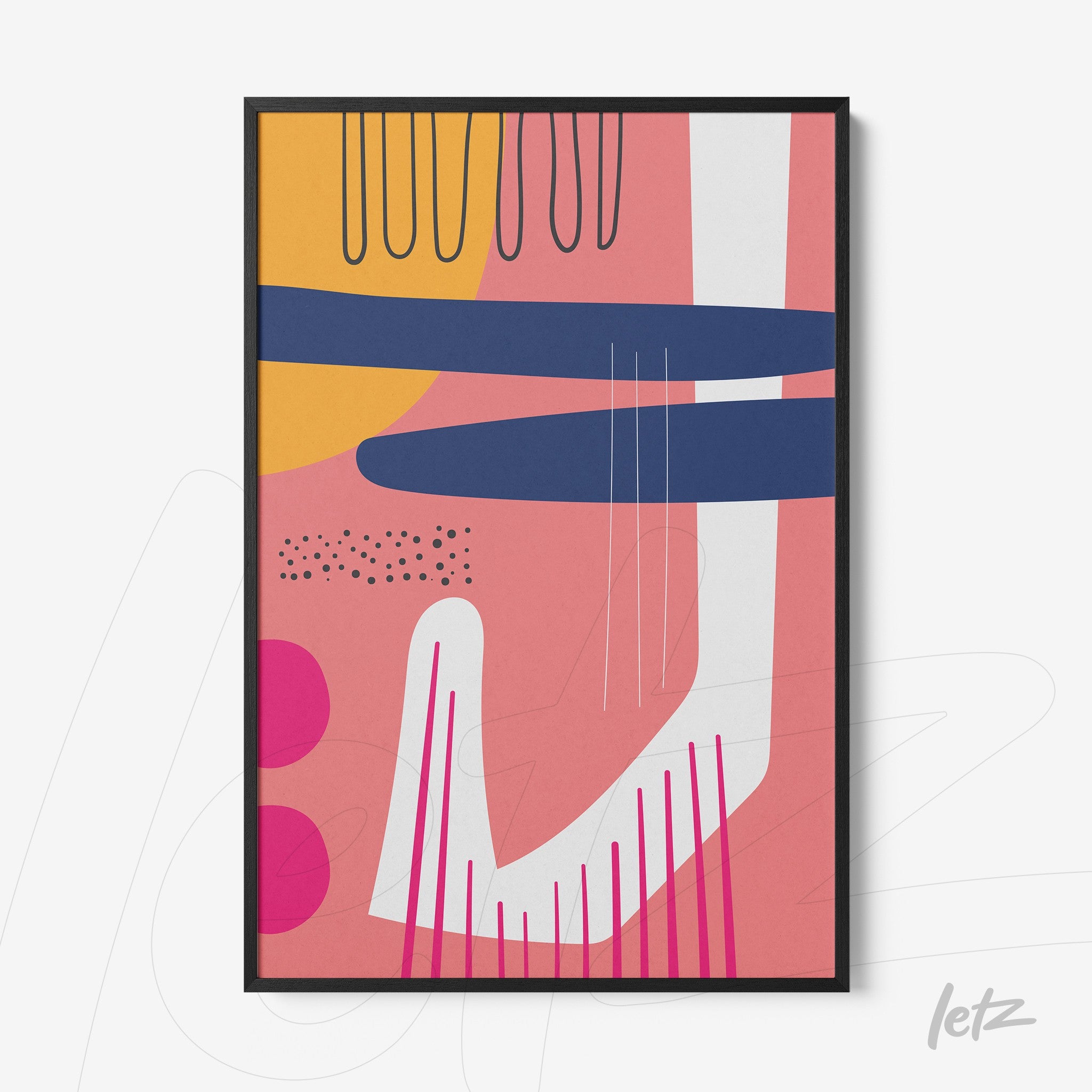 quadro com arte abstrata boho em cores modernas com moldura preta fina e fundo rosa