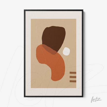 quadro abstrato com formas orgânicas em tons terrosos e moldura preta fina