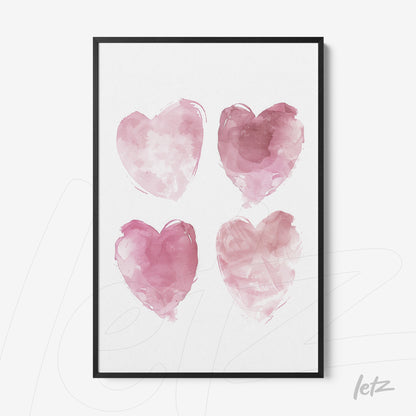 quadro com quatro corações aquarelados em tons de rosa, moldura preta