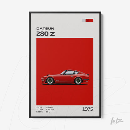 quadro com ilustração do carro Datsun 280 Z em fundo vermelho vibrante e moldura preta