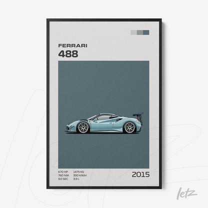 quadro com ilustração estilizada do carro esportivo Ferrari 488 em fundo azul