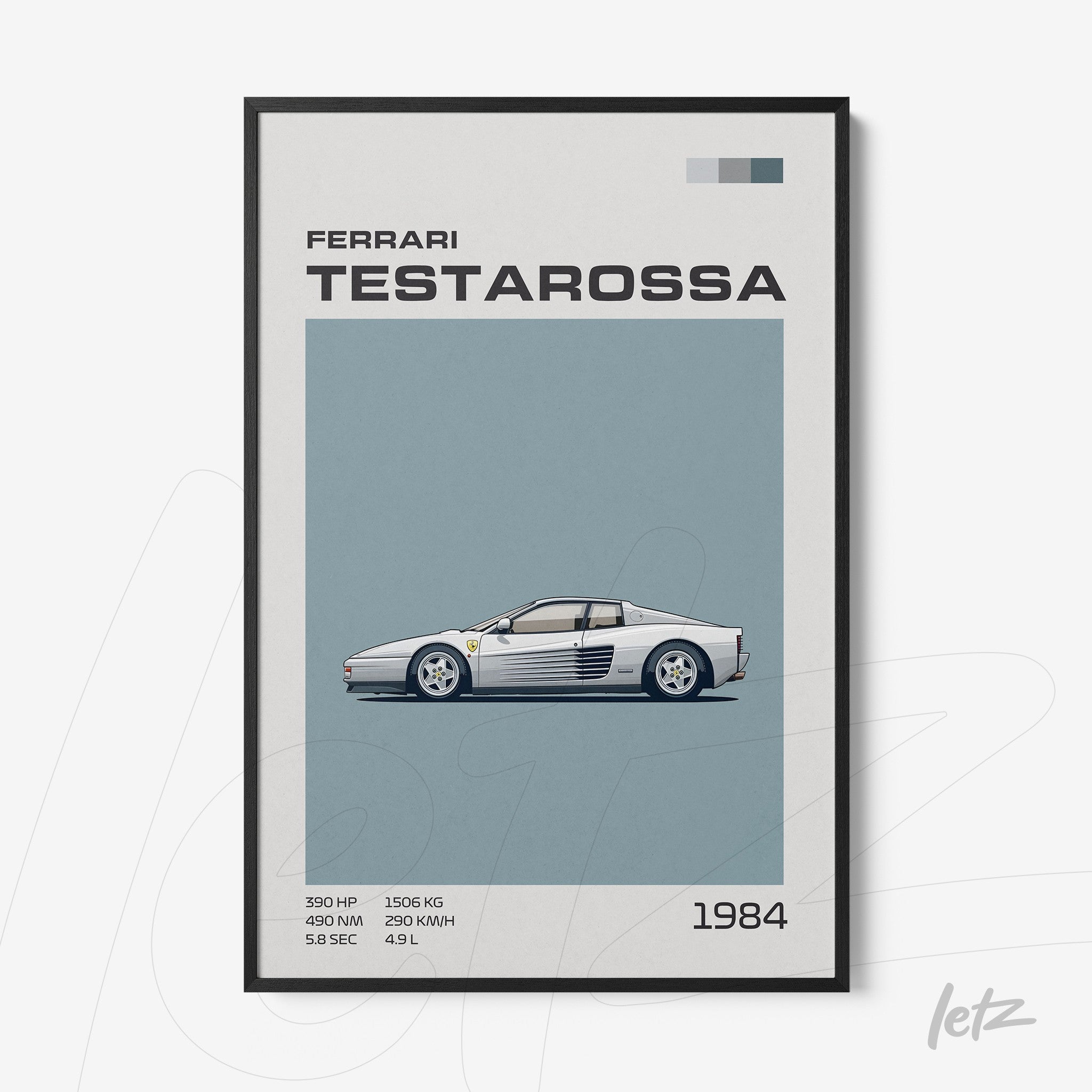 quadro com ilustração minimalista do carro Ferrari Testarossa em moldura preta
