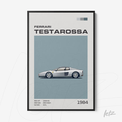 quadro com ilustração minimalista do carro Ferrari Testarossa em moldura preta