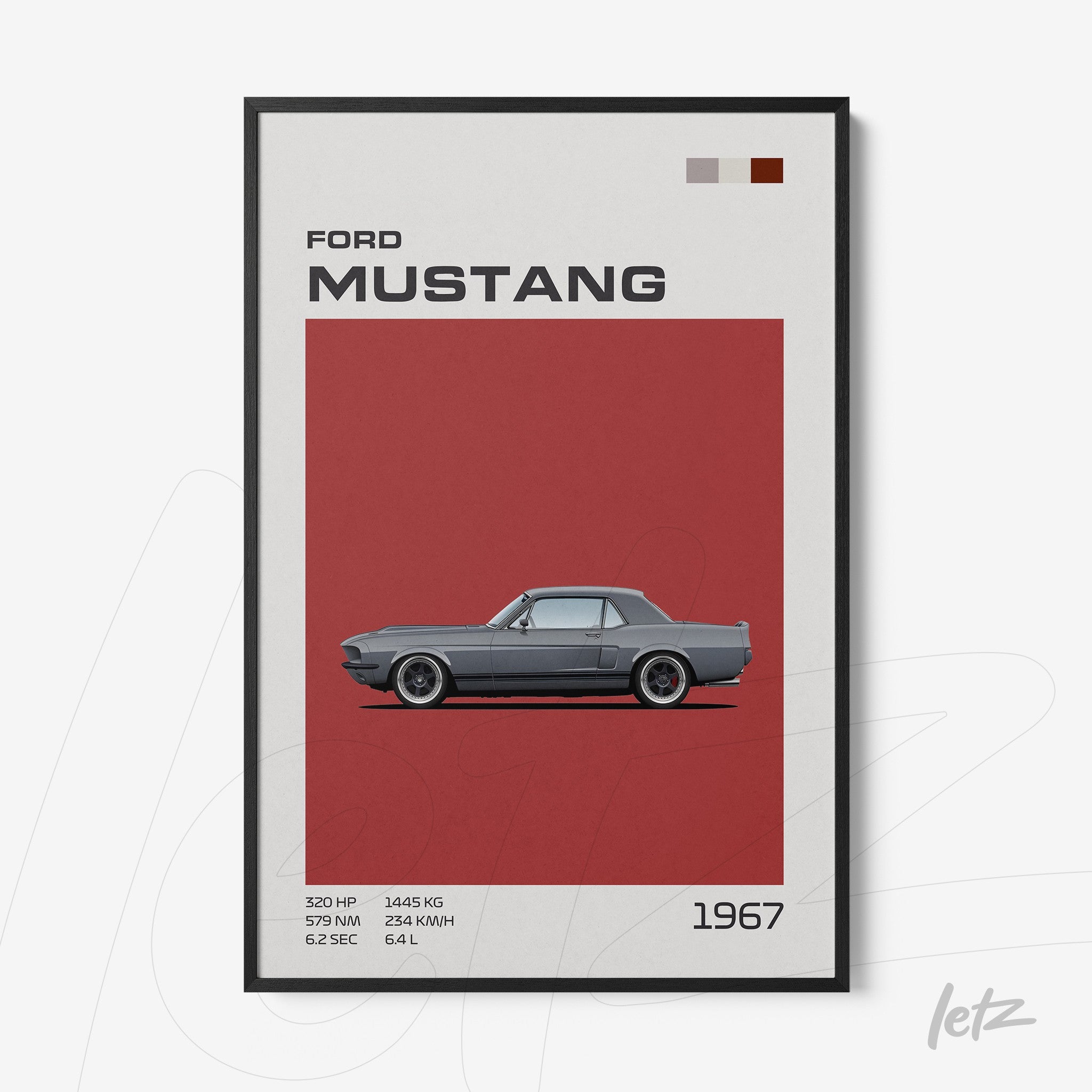 quadro com arte do Ford Mustang 1967 em fundo vermelho e moldura preta