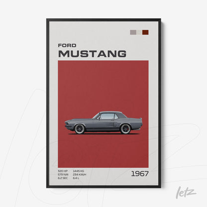 quadro com arte do Ford Mustang 1967 em fundo vermelho e moldura preta
