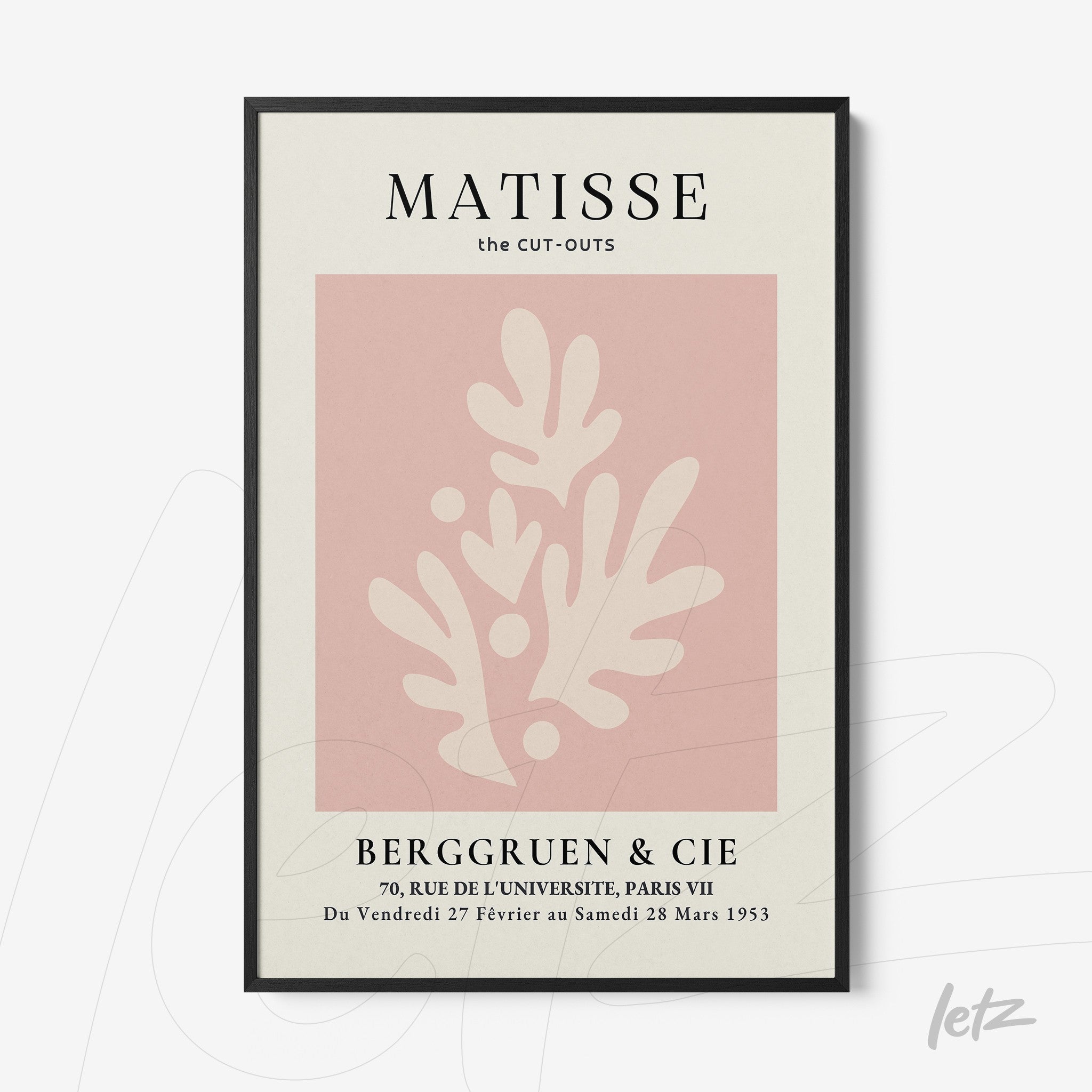 quadro com arte abstrata em tons de rosa e creme com moldura preta fina