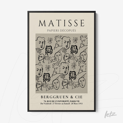 quadro com arte em estilo moderno apresenta rostos femininos em traços pretos sobre fundo cinza, moldura preta