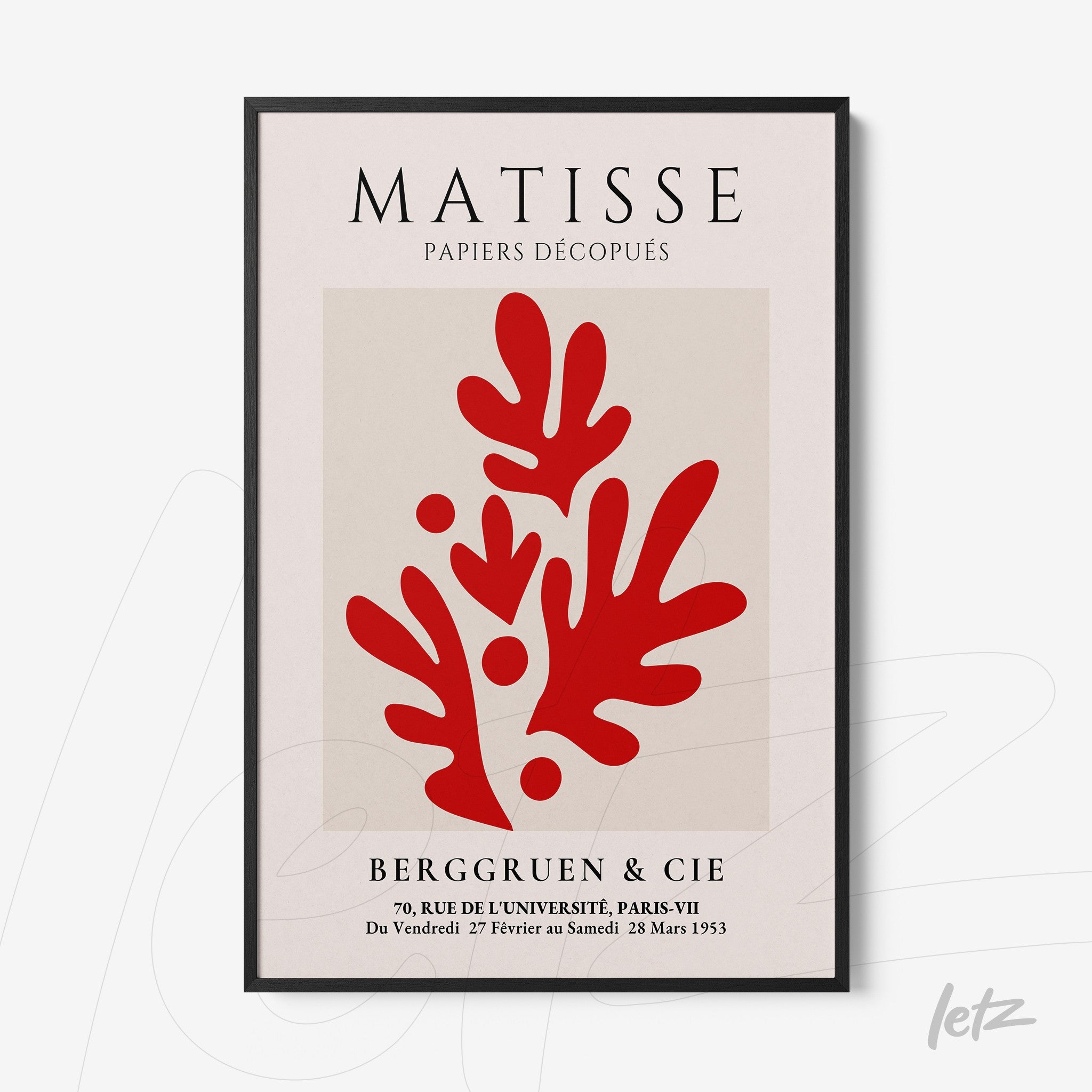 quadro com arte de Matisse em estilo colagem, apresentando formas estilizadas em vermelho sobre fundo claro, moldura preta