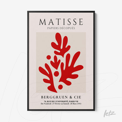 quadro com arte de Matisse em estilo colagem, apresentando formas estilizadas em vermelho sobre fundo claro, moldura preta