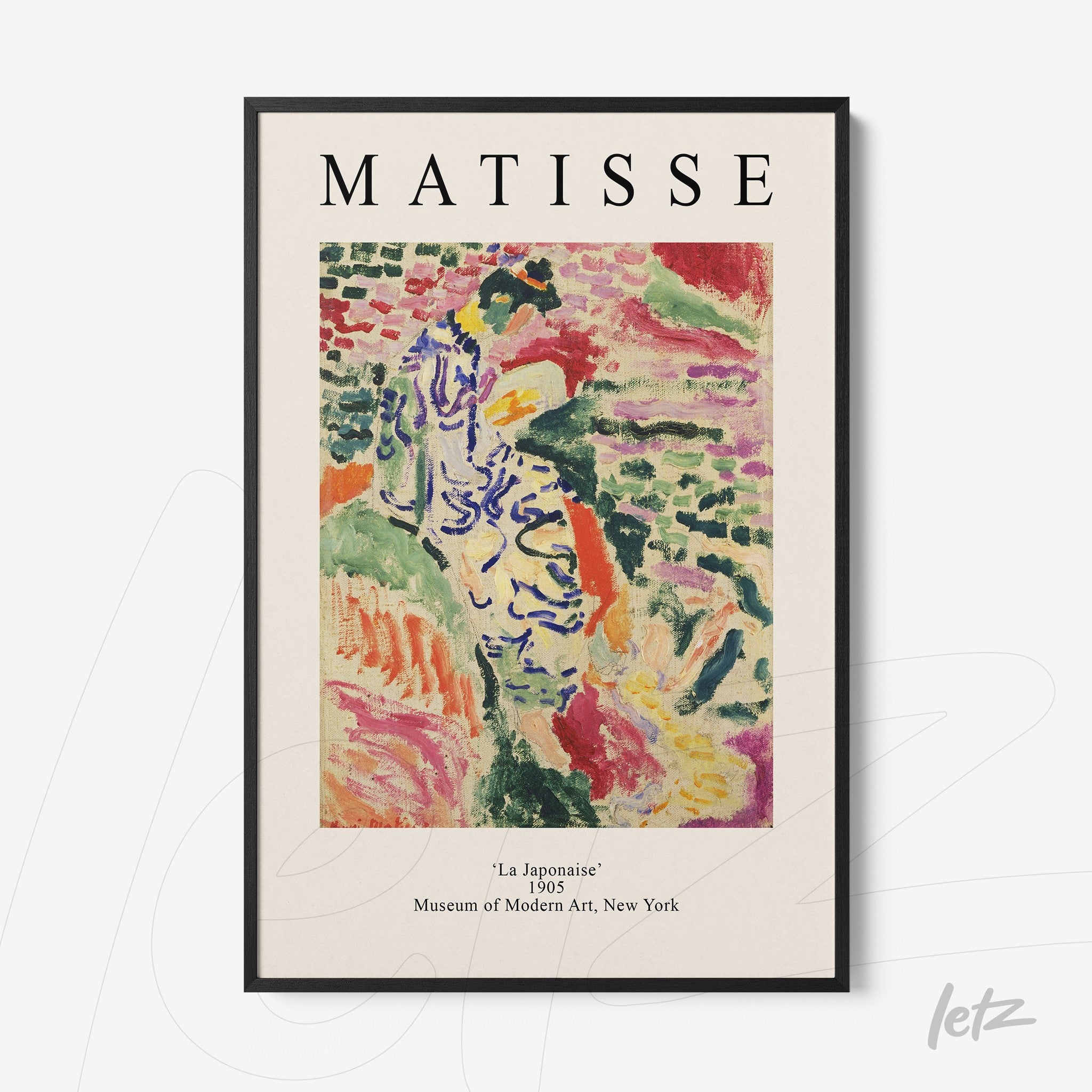 quadro com arte de Henri Matisse intitulado 'La Japonaisé', apresentando uma figura estilizada em cores vibrantes e traços expressivos, emoldurado por uma moldura preta