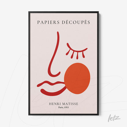 quadro com arte moderna de retrato estilizado em fundo claro com elementos em vermelho