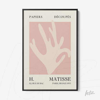 quadro com arte moderna representando uma mão em estilo minimalista, com fundo rosa e moldura preta