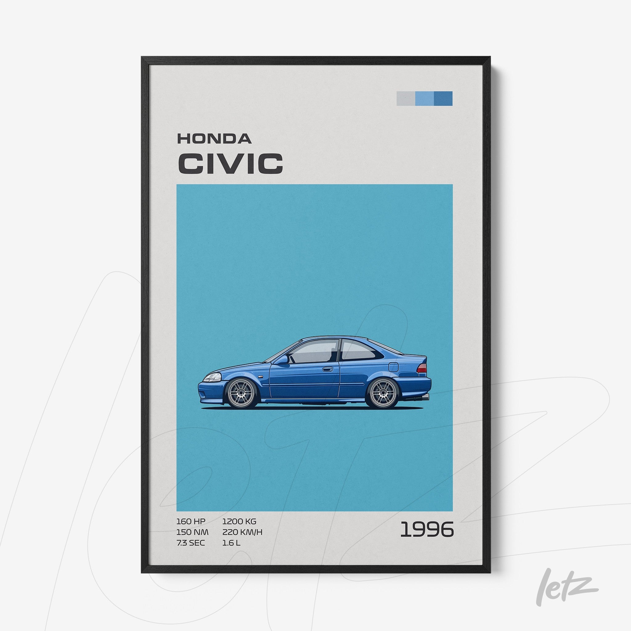 quadro com ilustração estilizada do Honda Civic 1996, fundo azul, moldura preta