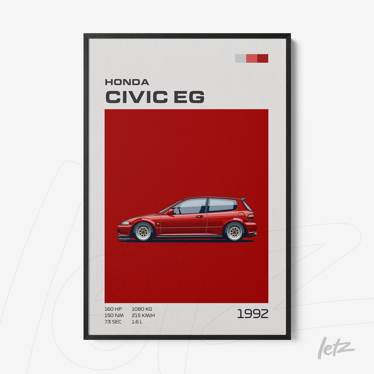quadro com ilustração do carro Honda Civic EG de 1992 em fundo vermelho