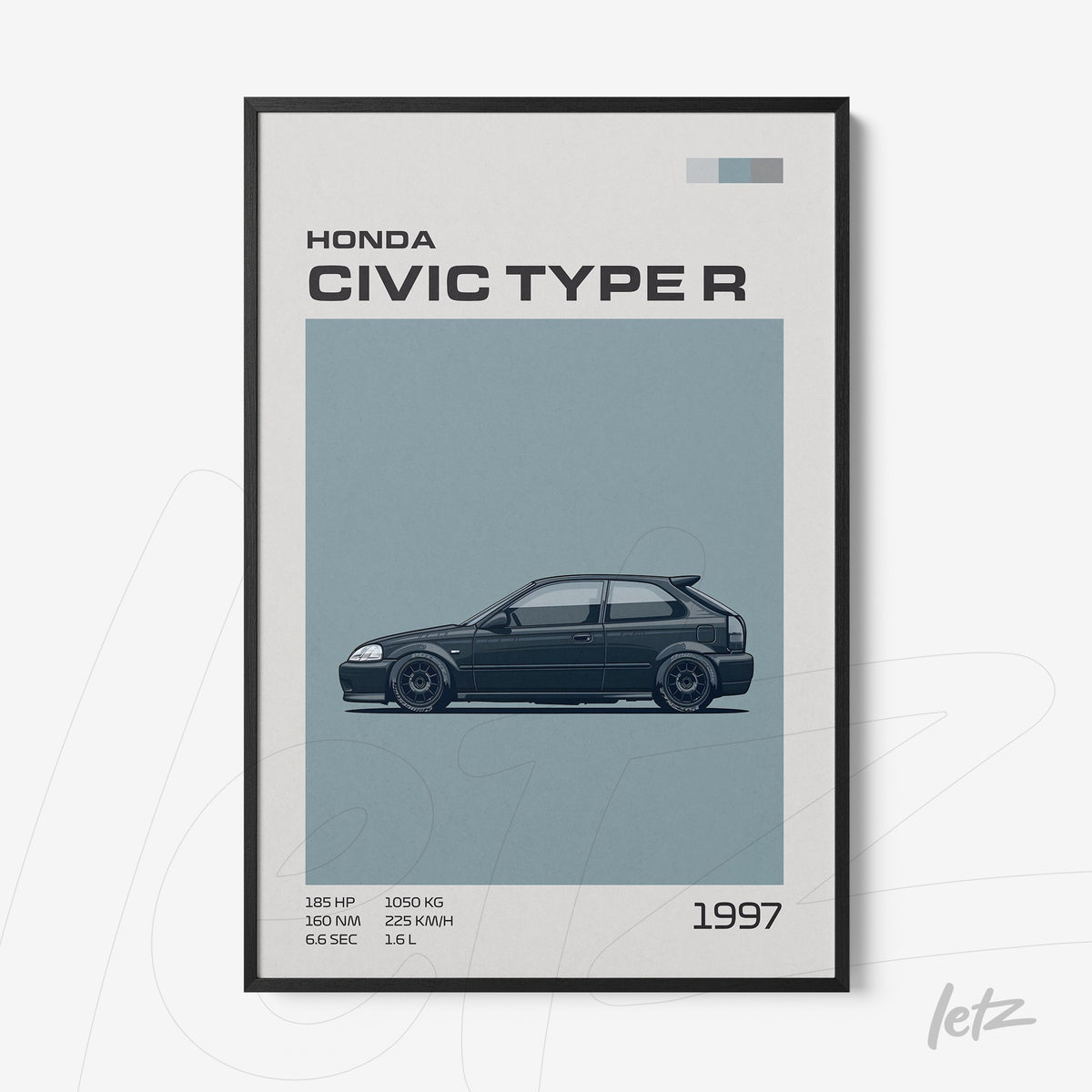 quadro com ilustração minimalista do carro Honda Civic Type R de 1997 em moldura preta