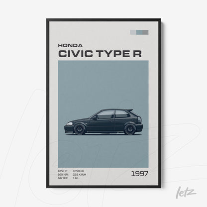 quadro com ilustração minimalista do carro Honda Civic Type R de 1997 em moldura preta